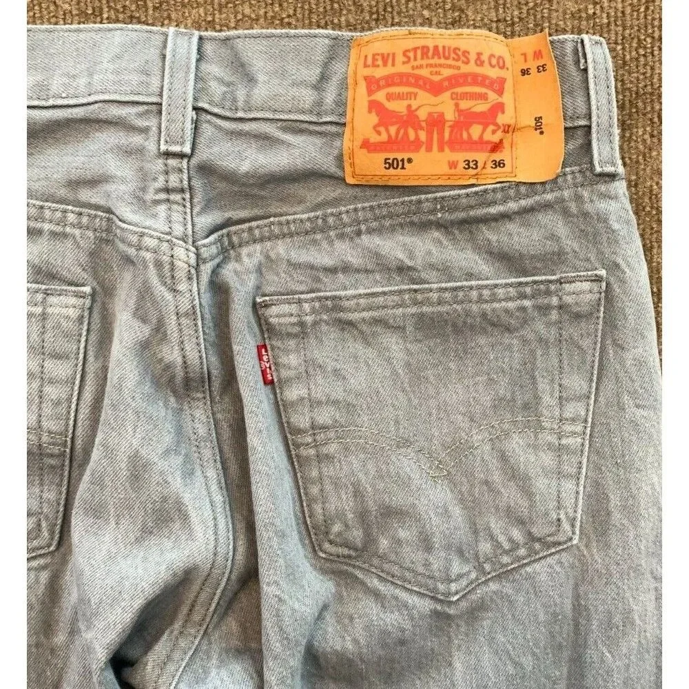 Levis 501 Jeans Mens 33x36 Button Fly Straight Leg Y2K Gray Wash Original Denim